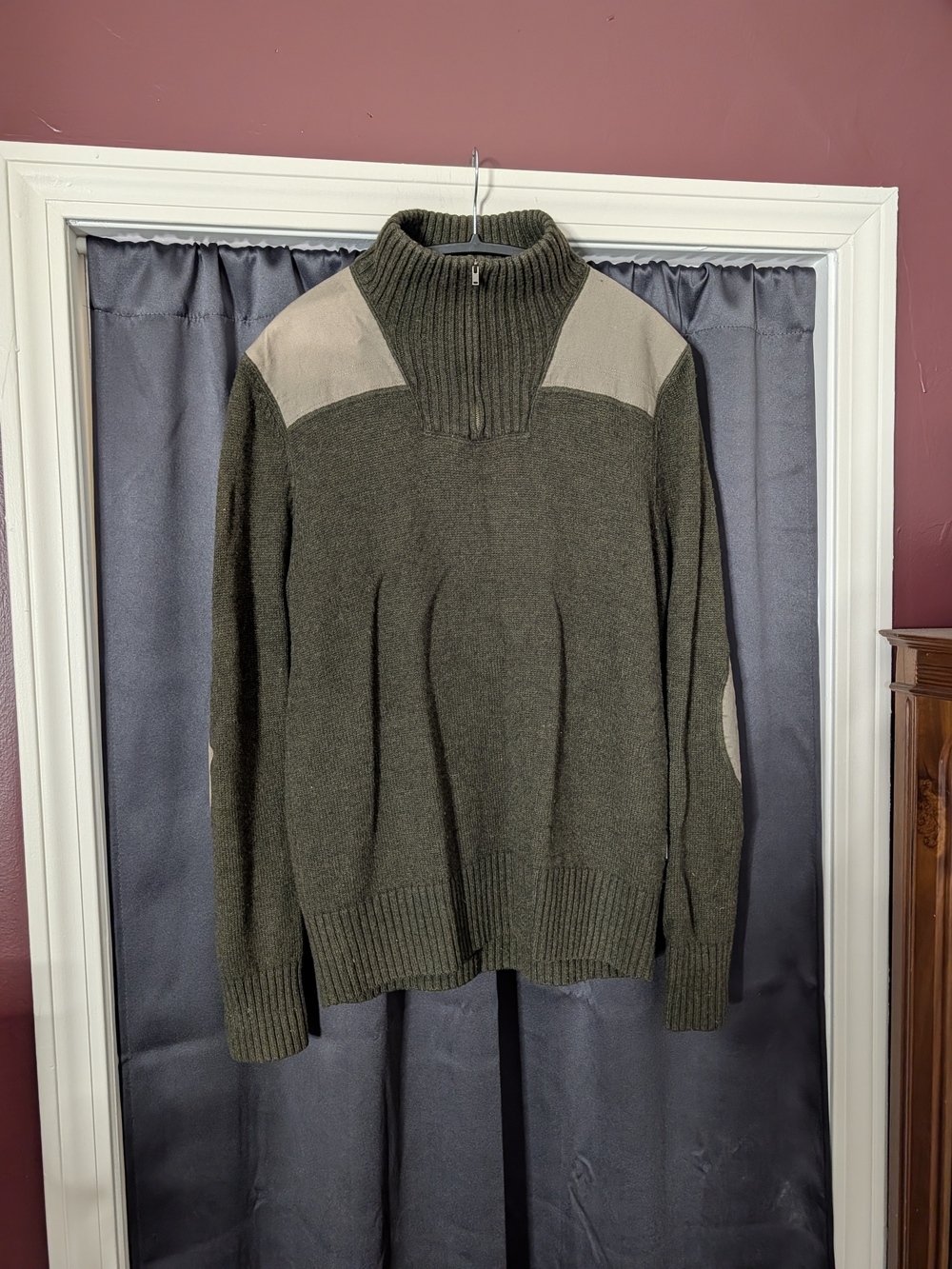 PATAGONIA Green Lambswool Knit canvas Elbow Patch 1/4 Zip Mens Sweater M